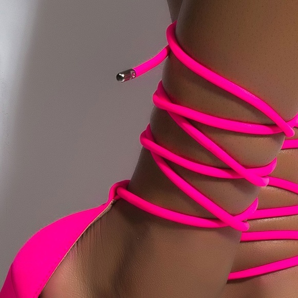 NEW🔥Neon Hot Pink Strappy Sandal Open Toe Lace Up - Picture 6 of 6